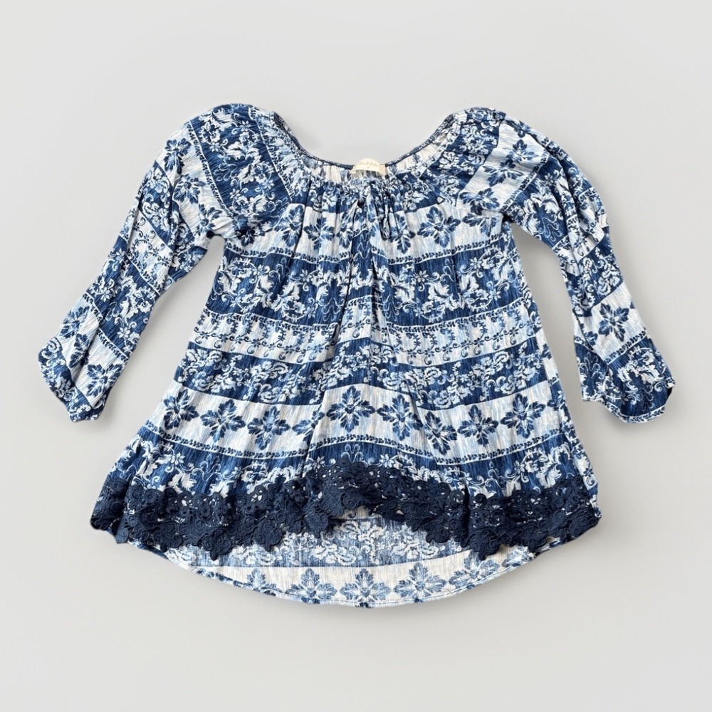 Altar'd State Flowy Blouse Top Size M Blue White Floral Crochet Hem Cottagecore
